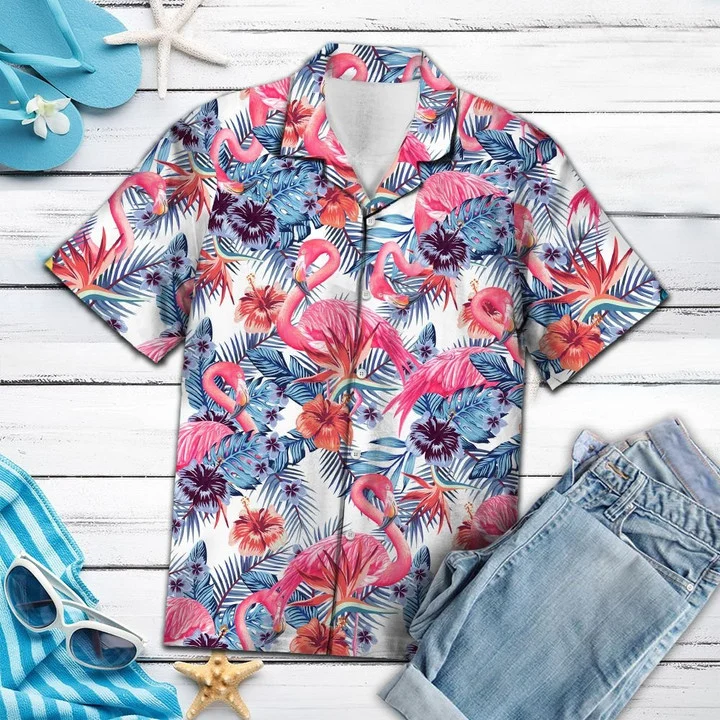 Pink Flamingo With Red Hibiscus In White Hawaii Shirt Ha32105