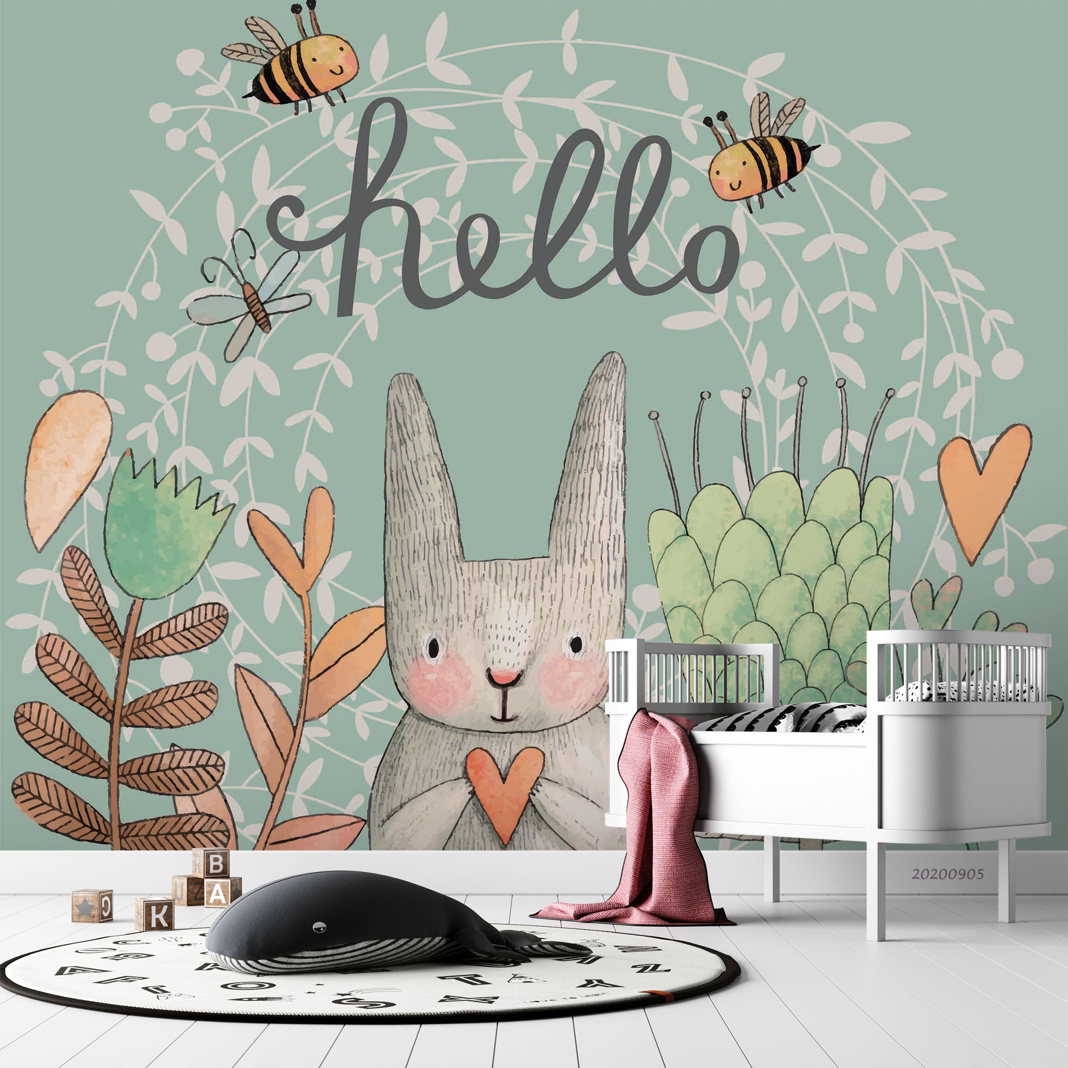 3D Hand Drawn Fresh Cartoon Rabbit Bee Butterfly Plant Green Background Wall Mural Wallpaper Gd 1959