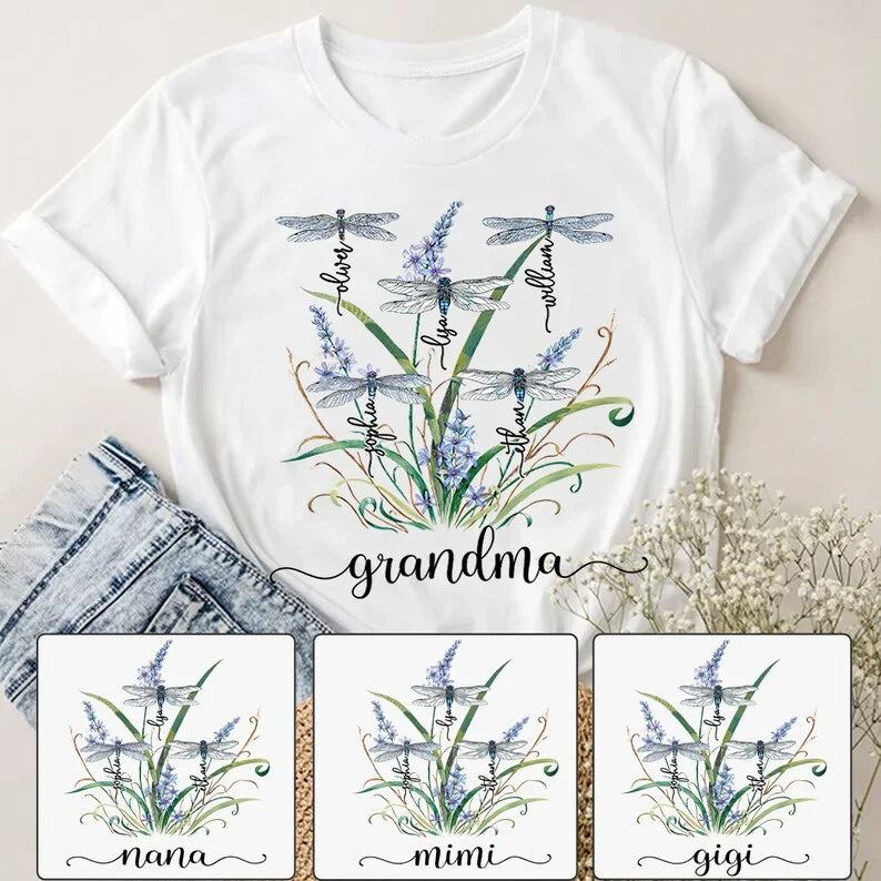 Personalized Nana Dragonfly Shirt Personalized Grandma With Grandkids Names Shirt Custom Grandma Mimi Nana Grammy Shirt