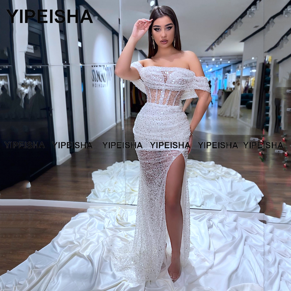 Yipeisha Off-shoulder Glitter Sequin White Prom Dress Illusion Bodice Mermaid Evening Gown Side Slit Long Party Dress alx