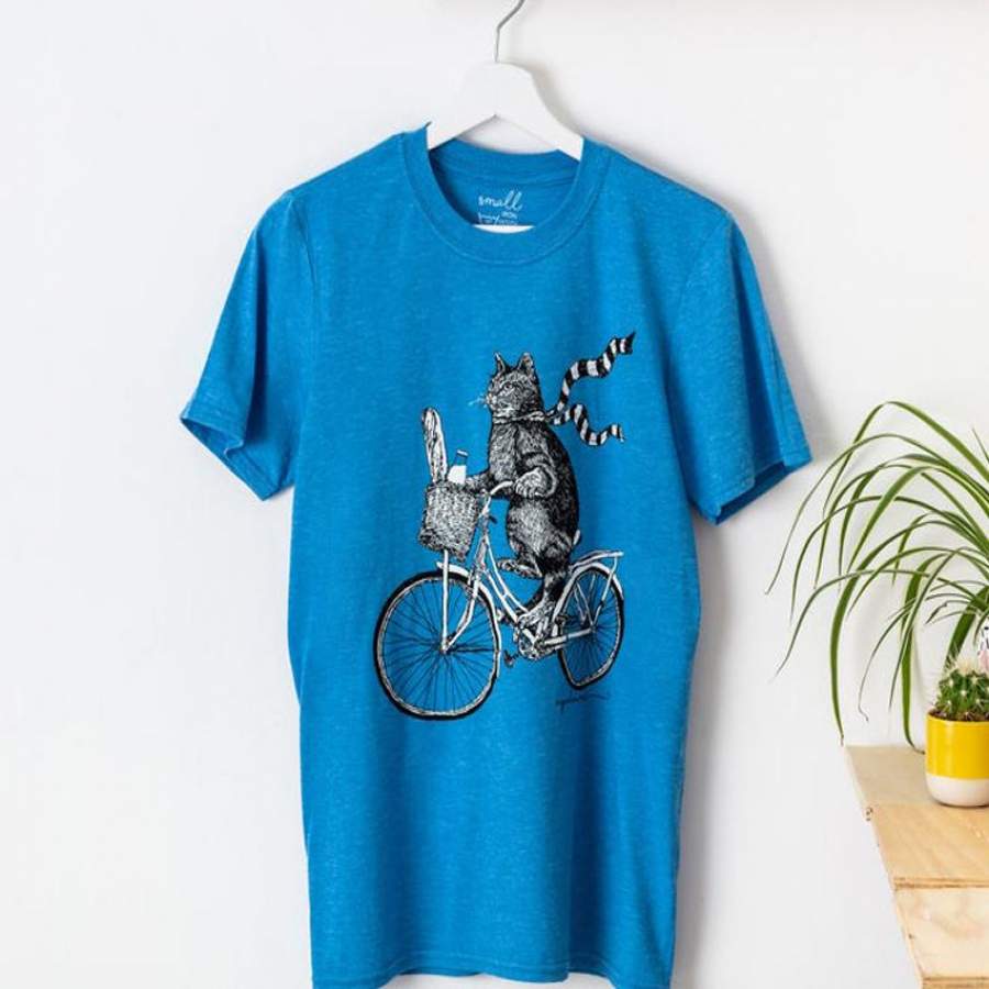 Blue Cat Tee ‘Pascal The Cat’ Original Screen-Printed Cat on a Bicycle Illustration Heather Blue Unisex T-Shirt