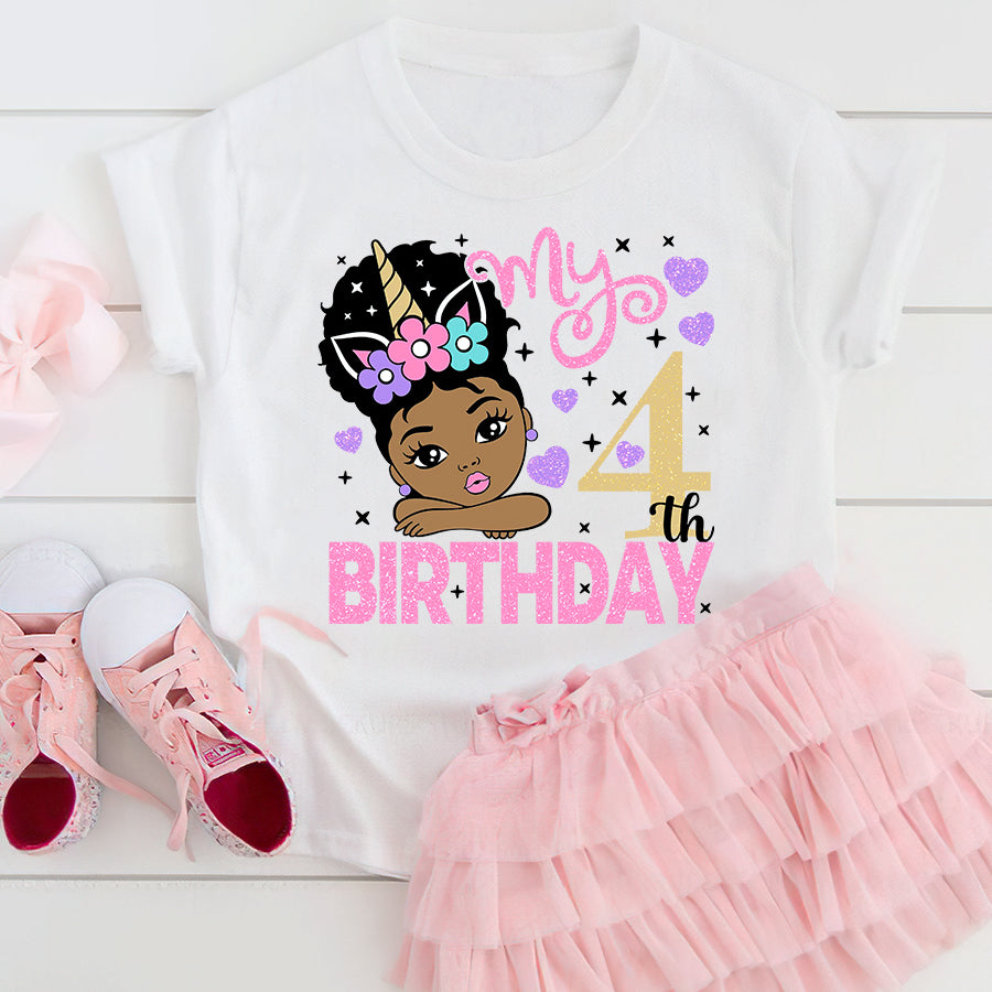 4Th Birthday Shirt, Black Girl, Four Birthday Shirt, Unicorn Birthday Shirt, 4 Birthday Shirt, Cute Birthday Shirt Ideas, Best T Shirts 2021, Baby Shirt