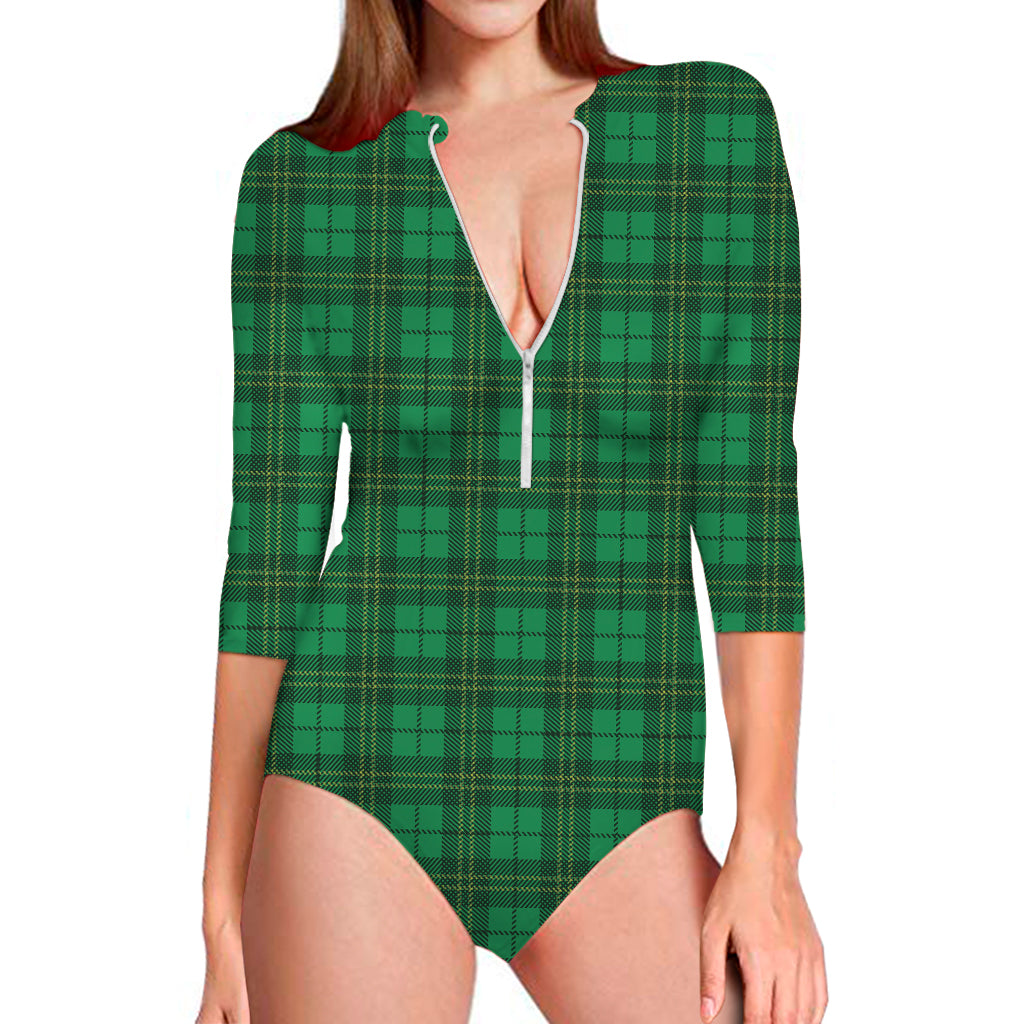 Green Tartan St. Patrick'S Day Print Long Sleeve One Piece Swimsuit Onlytee