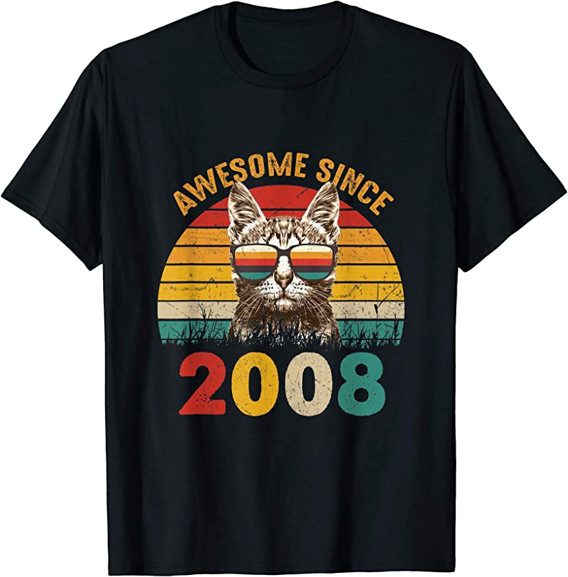 13th Birthday Vintage Cat Lover T-Shirt Awesome Since 2008 T-Shirt