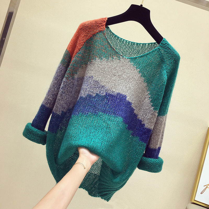 Striped Color-block Knitted Sweater Women Fashion Thin Section Long-sleeve Loose Hollow Lazy Clothes Pullover Female Tops alx