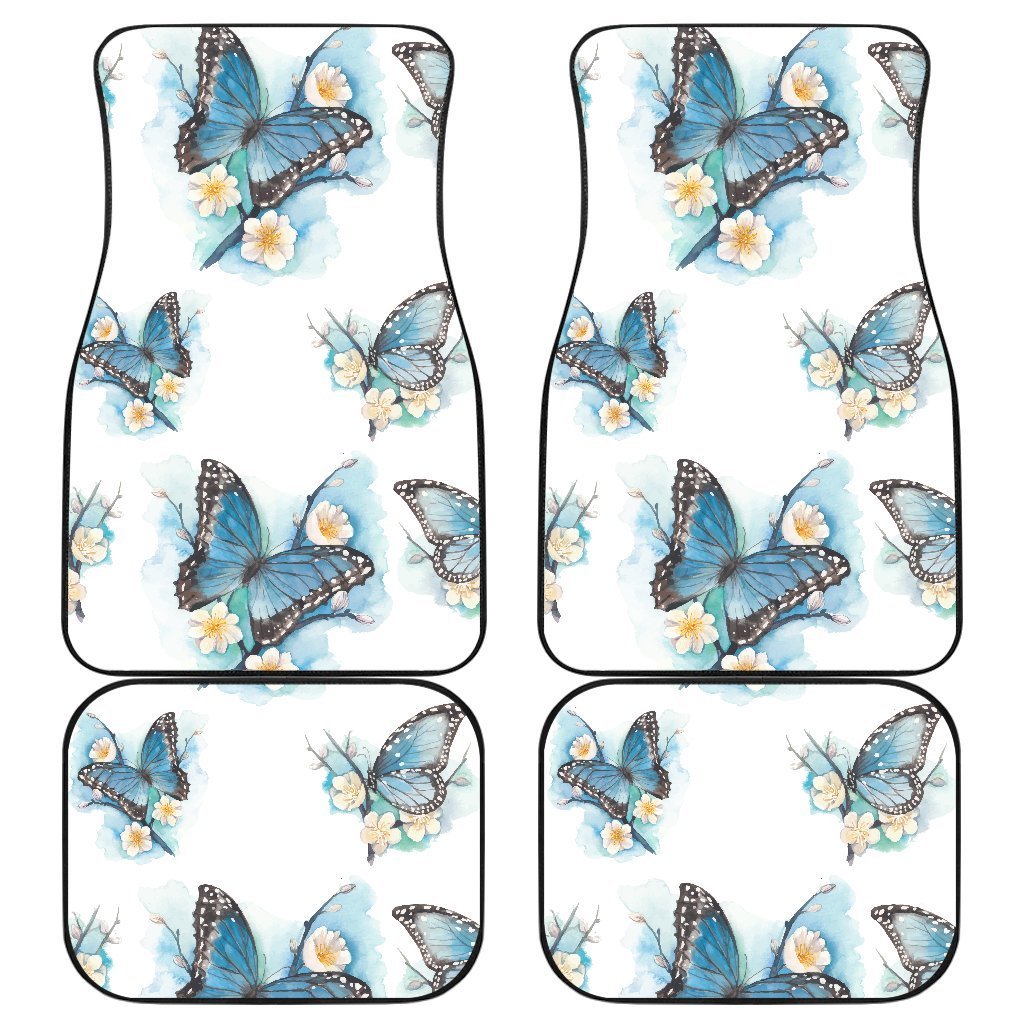 Blossom Blue Butterfly Pattern Print Front And Back Car Floor Mats, Front Car Mat