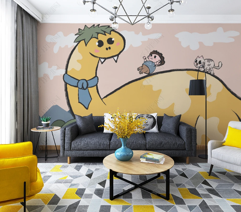 3D Hand-Painted Yellow Dinosaur Boy Cat Wall Mural Wallpaper Sww3093