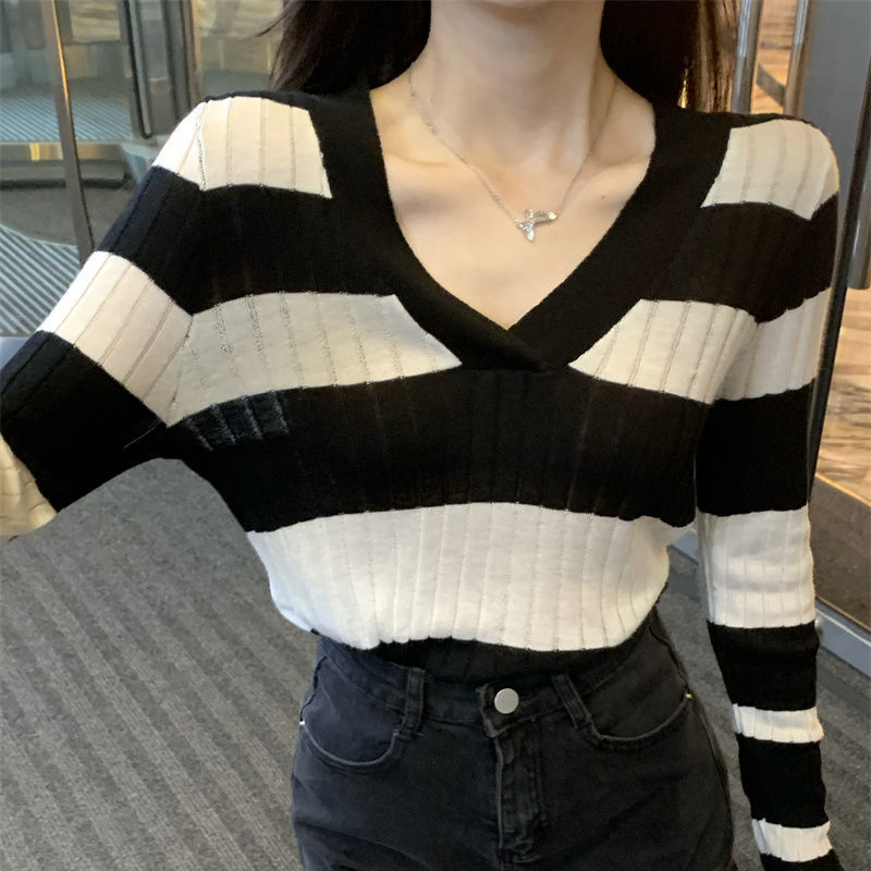 Sweaters Women V-neck Classic Striped Preppy Style Students Casual Fashion Simple All-match Daily Harajuku Vintage Slim Pullover alx