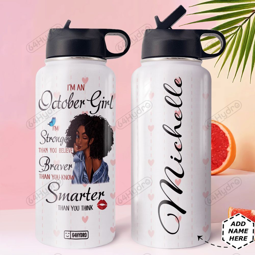 October Black Girl Personalized Hha0709015 Stainless Steel Bottle With Straw Lid