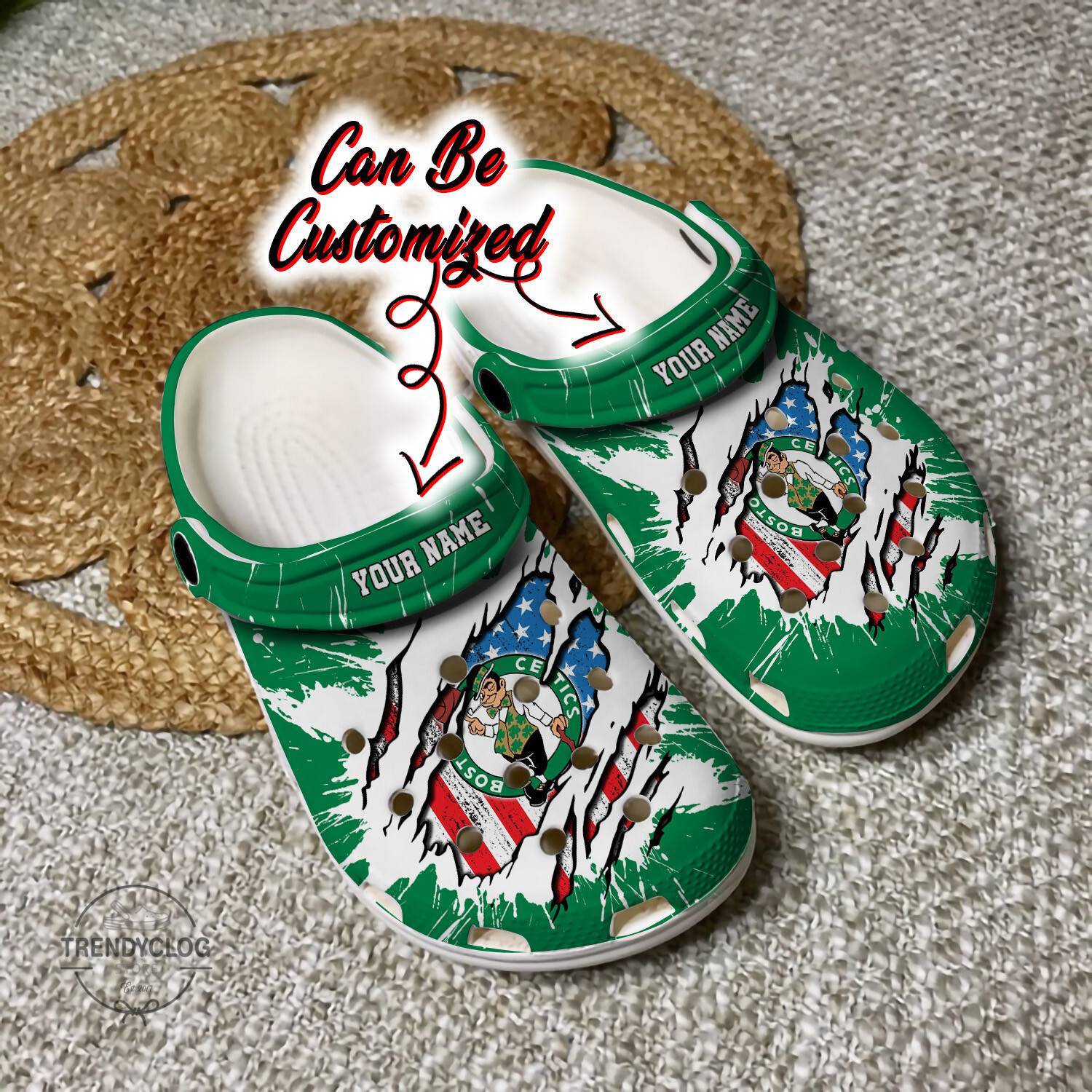 Celtics Crocss Personalized BCeltics Basketball Ripped American Flag Clog Shoes