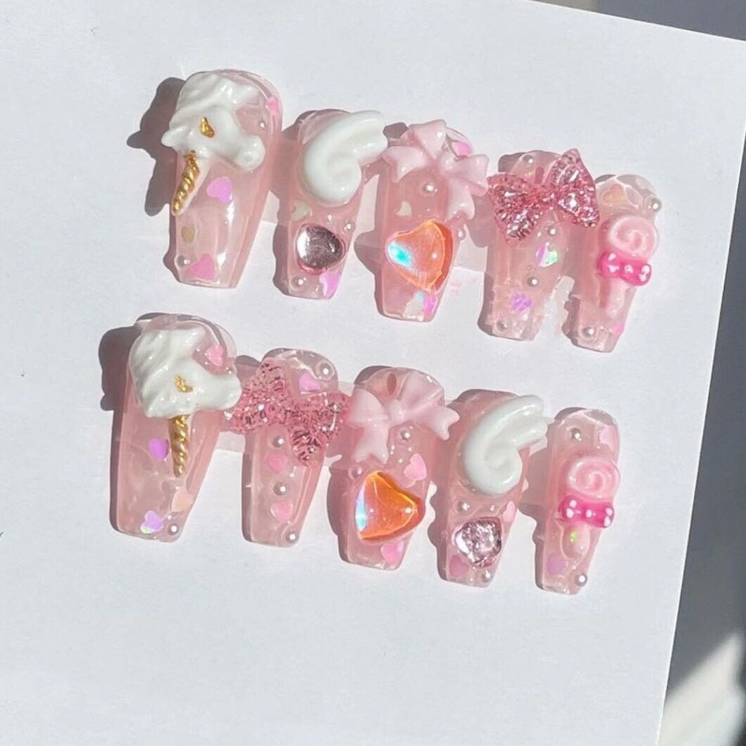 Pink and White Unicorn/Wings Press On Nails | Kawaii Nails | Unicorn Cute Nails |Princess Nails | Pink bow/Lollipop /Lolita nails #30