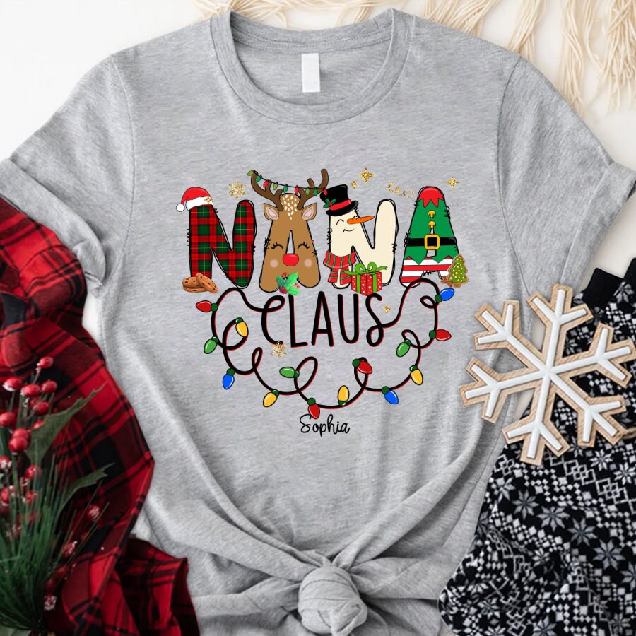 Custom Christmas Nana Claus T Shirt, Christmas Doodle Grandma Nana Mimi Shirt With Kidnames, Lights Claus Nana Shirt for Christmas 2022