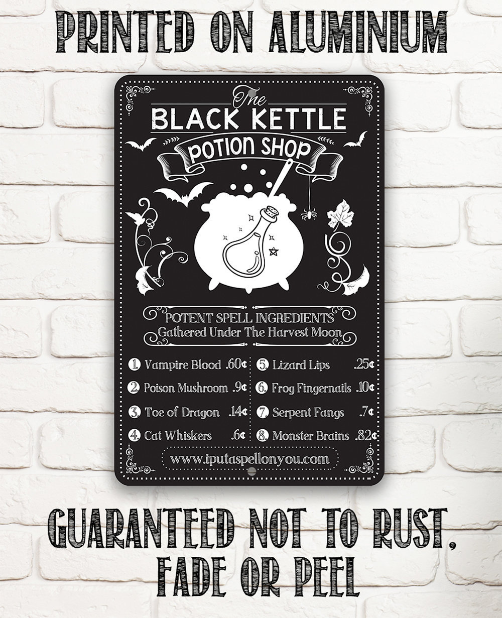 Black Kettle Potion Shop Metal Sign – 8″x12″ or 12″x18″ Spell Ingredients