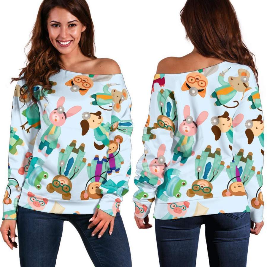 Animal Nurse Pattern Print Women Off Shoulder Sweatshirt