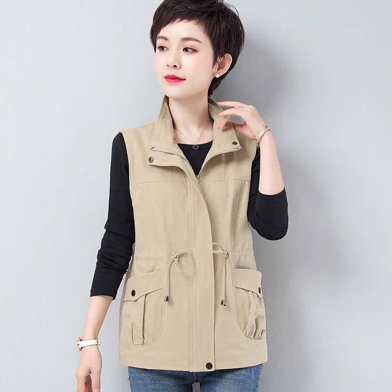 Women’s Belt Design Khaki Casual Vest 2022 Spring Slim Waist Stand Collar Sleeveless Jacket Mother Liner Plus Size Chaleco Mujer alx