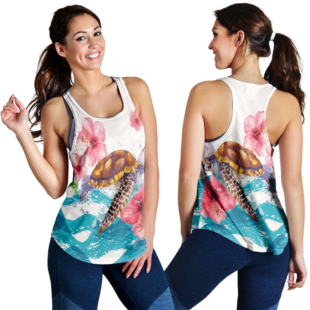 Hawaii Turtle Hibiscus Waves Polynesian Racerback Tank Ah Ha38297