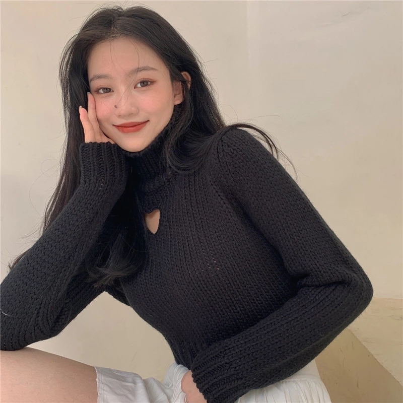 Women’s Turtleneck Cropped Sweater Hollow Out Heart Sweater Sweet Solid Long Sleeve Pullover Women’s Knitted Short Sweater alx