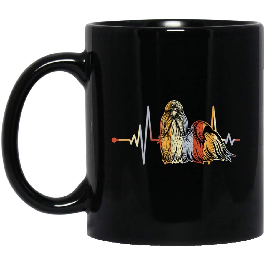 Vintage Retro Distressed Heartbeat Shih Tzu Dog Lover Gift 11 oz 15 oz Mug Black