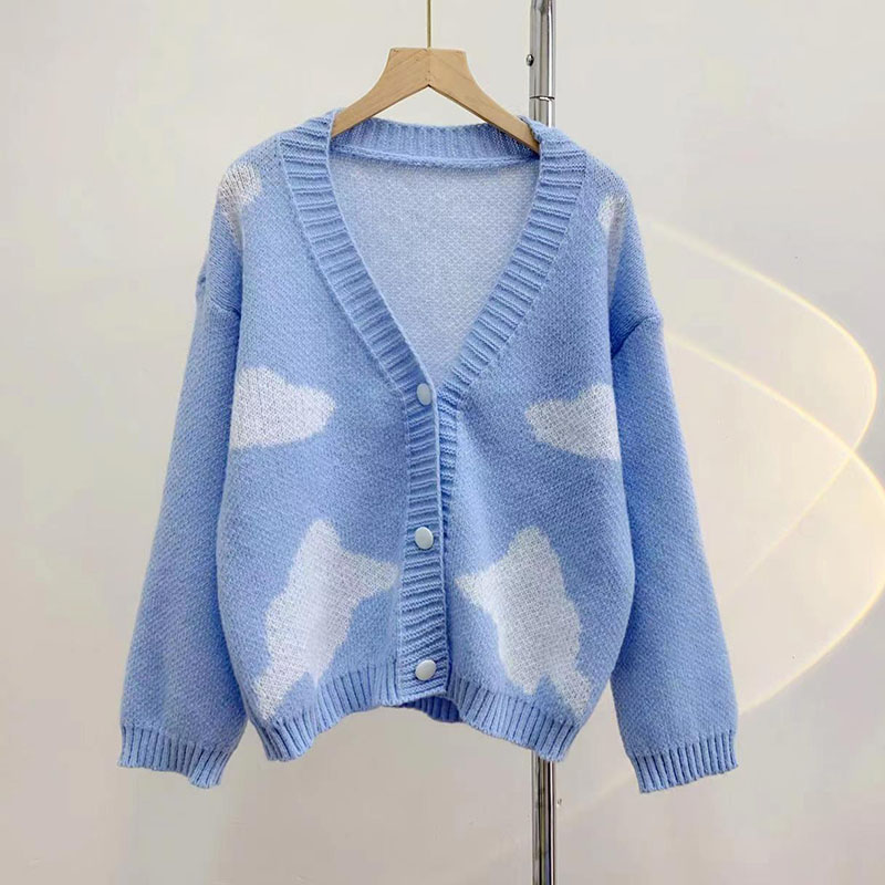 Yojoceli Autumn white cloud women sweater casual cardigan Button fashion blue knitted cardigan Winter sweet knitting outerwear alx