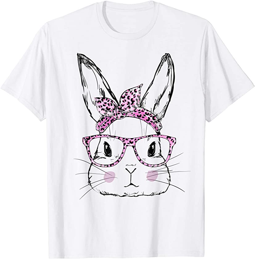 Cute Bunny Face Shirt Leopard Print Glasses EASTER Women Boy T-Shirt