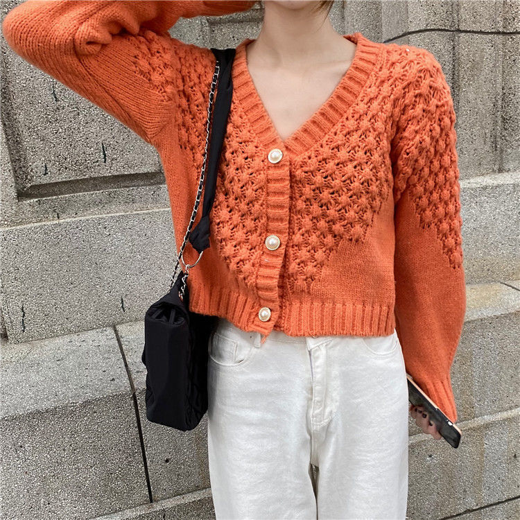 Women 2022 Fashion Pompom Appliques Cropped Knitted Cardigan Sweater Vintage Long Sleeve Female Outerwear Chic Tops X4 alx