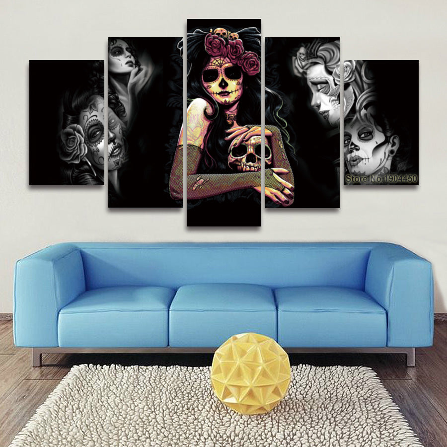 5 Panel Painting Canvas Wall Art Sugar Skull Modular Picture HD Prints Artwork for Home Decor Living Room