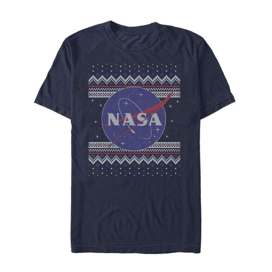 NASA Men’s Ugly Christmas Logo Print  T Shirt Navy Blue