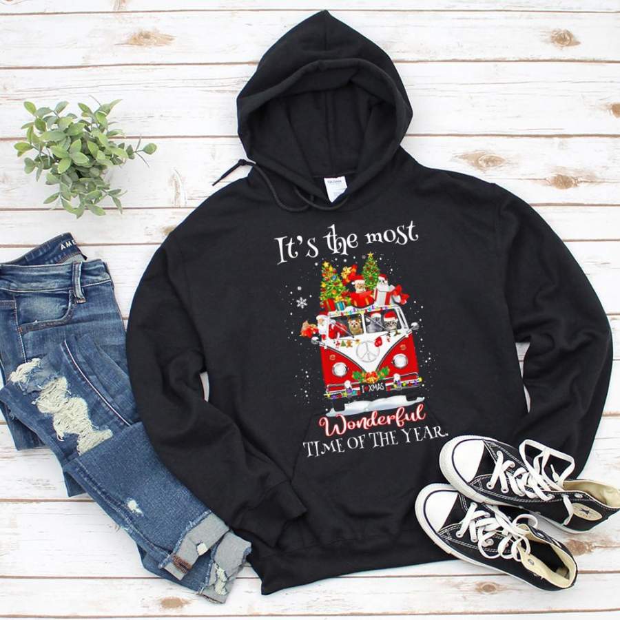 Hippie cat christmas santa claus it’s the most wonderful time of the year black hoodie for men and women S-5XL