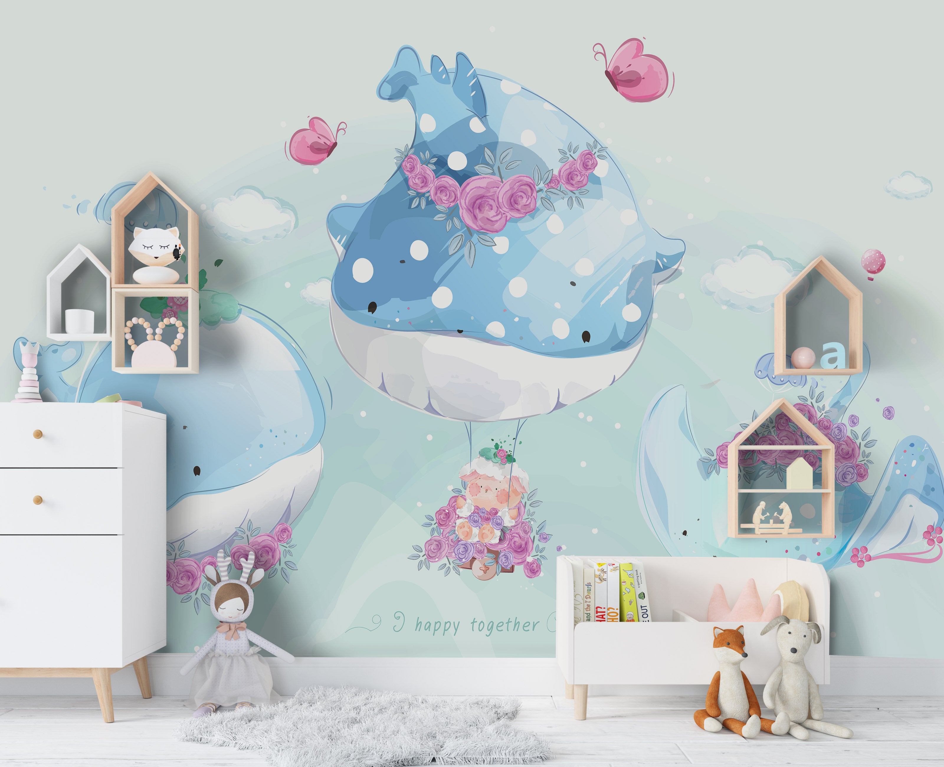 3D Whale Floral Butterfly Wall Mural Wallpaper  Sww  24