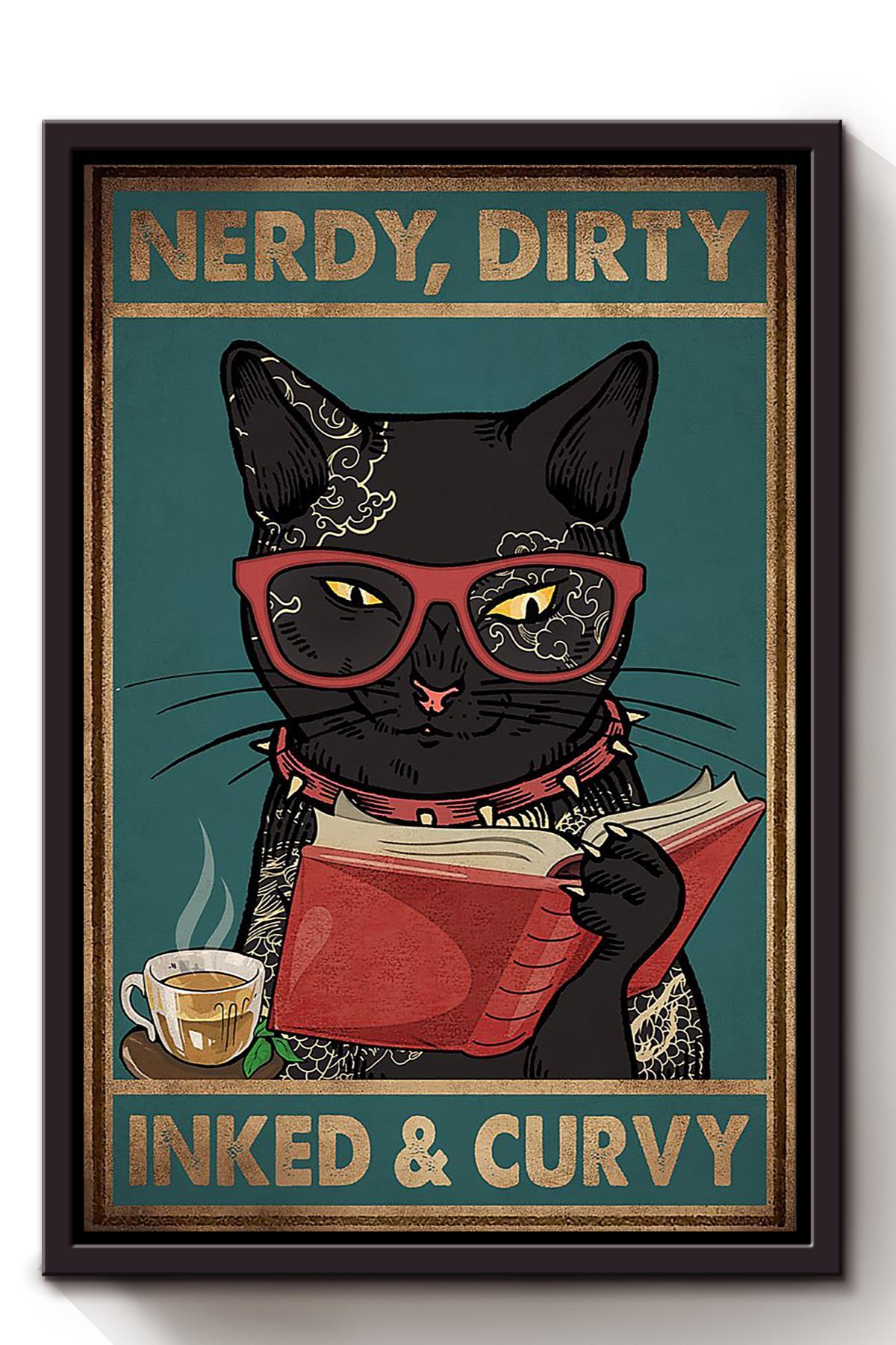 Cat Nerdy Dirty Inked Curvy Animal Wall Art Gift For Cat Lover International Cat Day Kitten Foster Framed Canvas