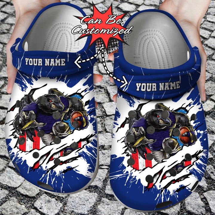 Football Crocss – Personalized Baltimore Ravens Mascot Ripped Flag Clog Shoes