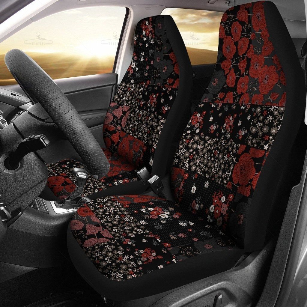Red Roses Floral Flowers Patchwork Car Seat Covers Pair, 2 Front Car Seat Covers, Seat Cover For Car, Car Seat Protector, Car Accessory