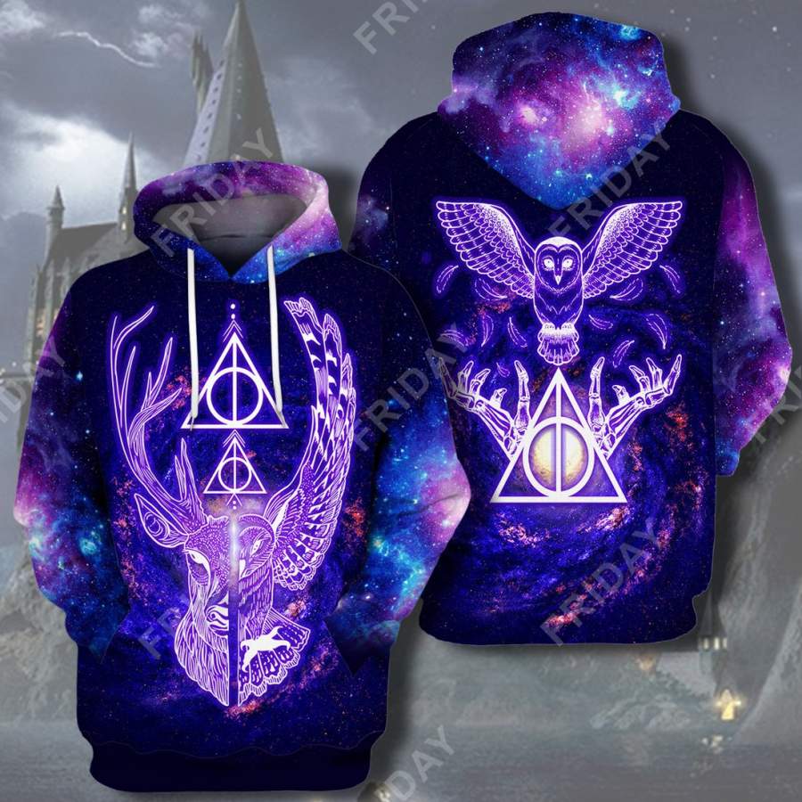HP Deathly Hallows Deer And Owl Galaxy All Over Print Hoodie T-shirt