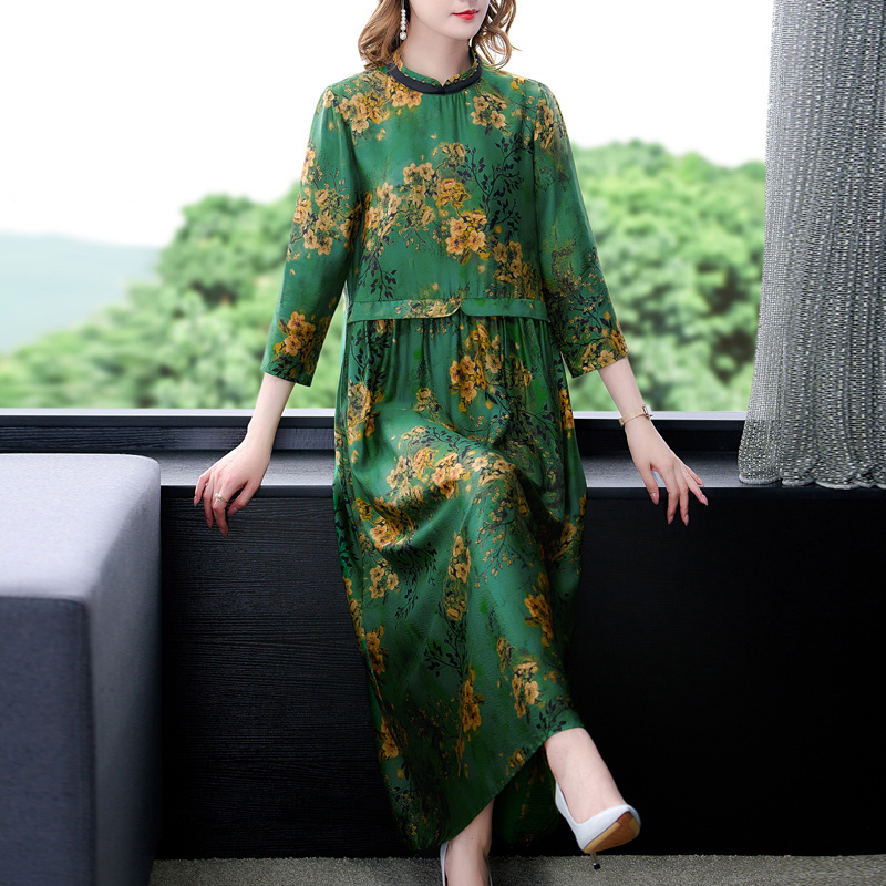 Spring Autumn Floral Natural Silk Maxi Dress Women Long Sleeve Elegant Loose Waist Plus Size Dress 2022 Korean Vintage Dresses alx