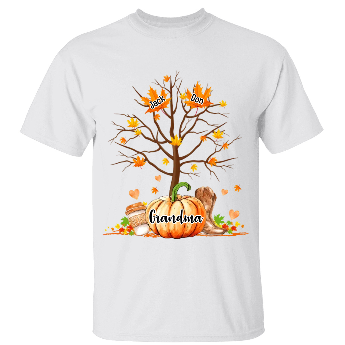 Grandma Pumpkin And Leaves Kids Fall Season Personalized Shirt