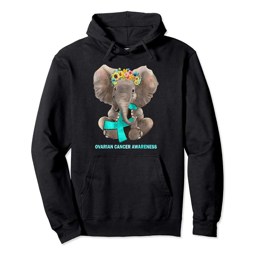 Hippie Elephant Holding Teal Ribbon Ovarian Cancer Awareness Hoodie