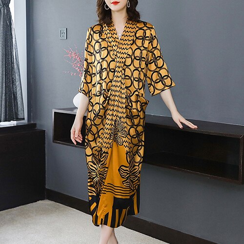 2022 Spring Yellow Print Natural Silk Midi prom Dresses Autumn Vintage Casual Long Sleeve robe Elegant Women Evening Vestidos alx