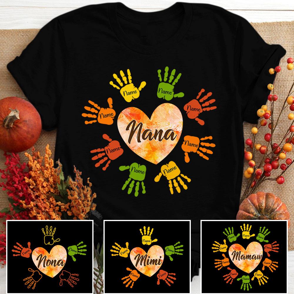 Nana Autumn Hand Heart Shirt, Custom Nana With Grandkids Name Shirt