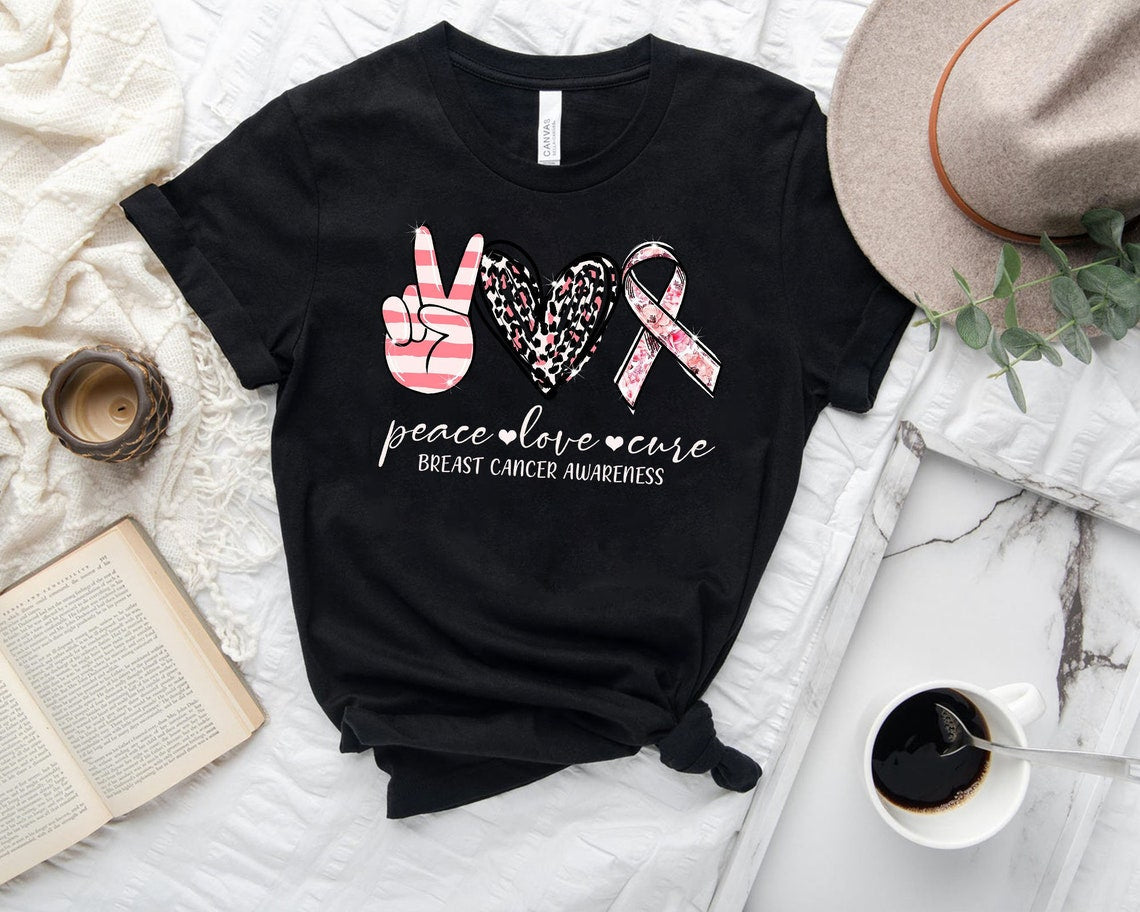 Classic Unisex T-Shirt For Breast Cancer Awareness Peace Love Cure Stripe Hand Sign Leopard Heart & Ribbon Printed