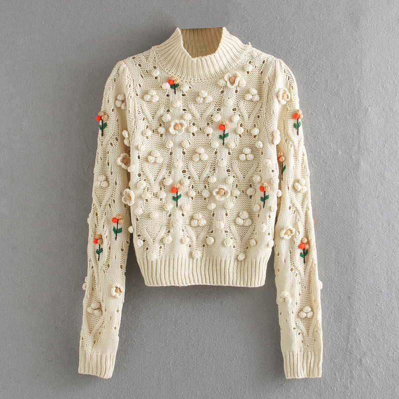 Women 3D Flowers Crocheted Sweater O-neck Balls Hook Embroidery Knitted Casual Pullovers Half Turtleneck Crop Tops Mujer Sueter alx