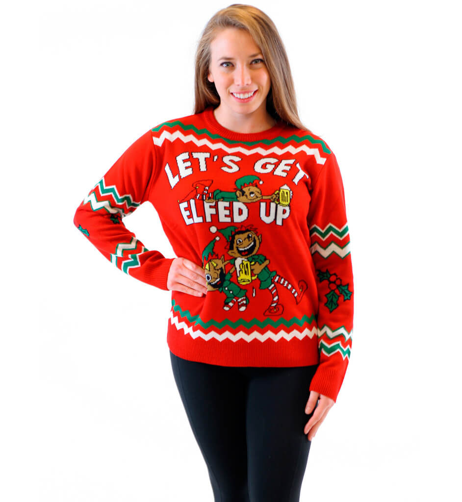 Women’S Let’S Get Elfed Up Drunken Elves Ugly Christmas Sweater