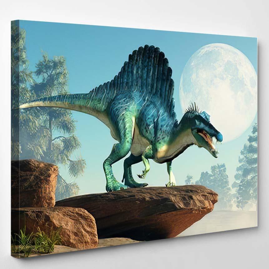 Spinosaurus On Cliff By Moon Semiaquatic – Dinosaur Animals Canvas Print