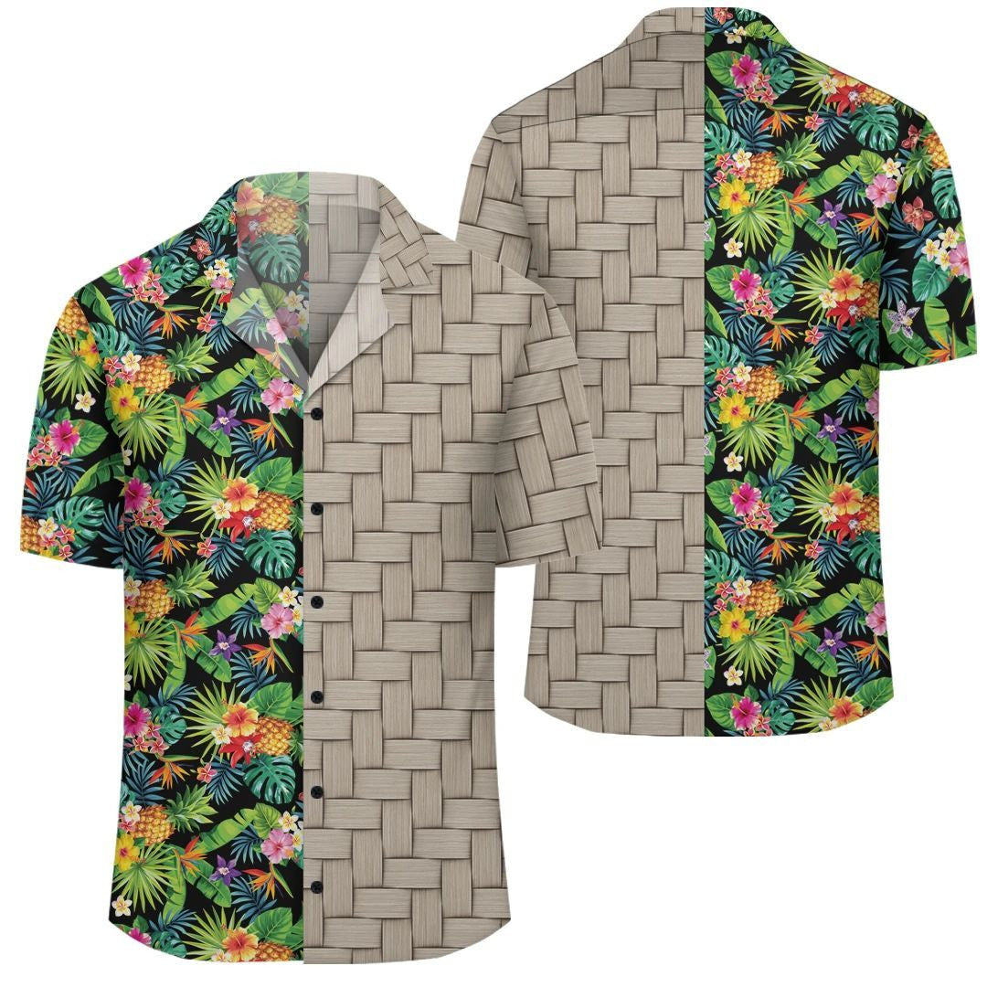 Tropical Pattern With Pineapples Palm Leaves And Flowers Lauhala Moiety Hawaiian Shirt