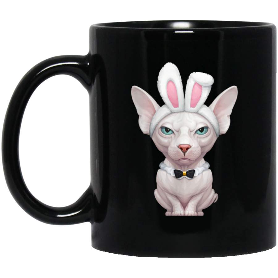 White Sphynx Cat in the Easter Bunny Costume Black Mug