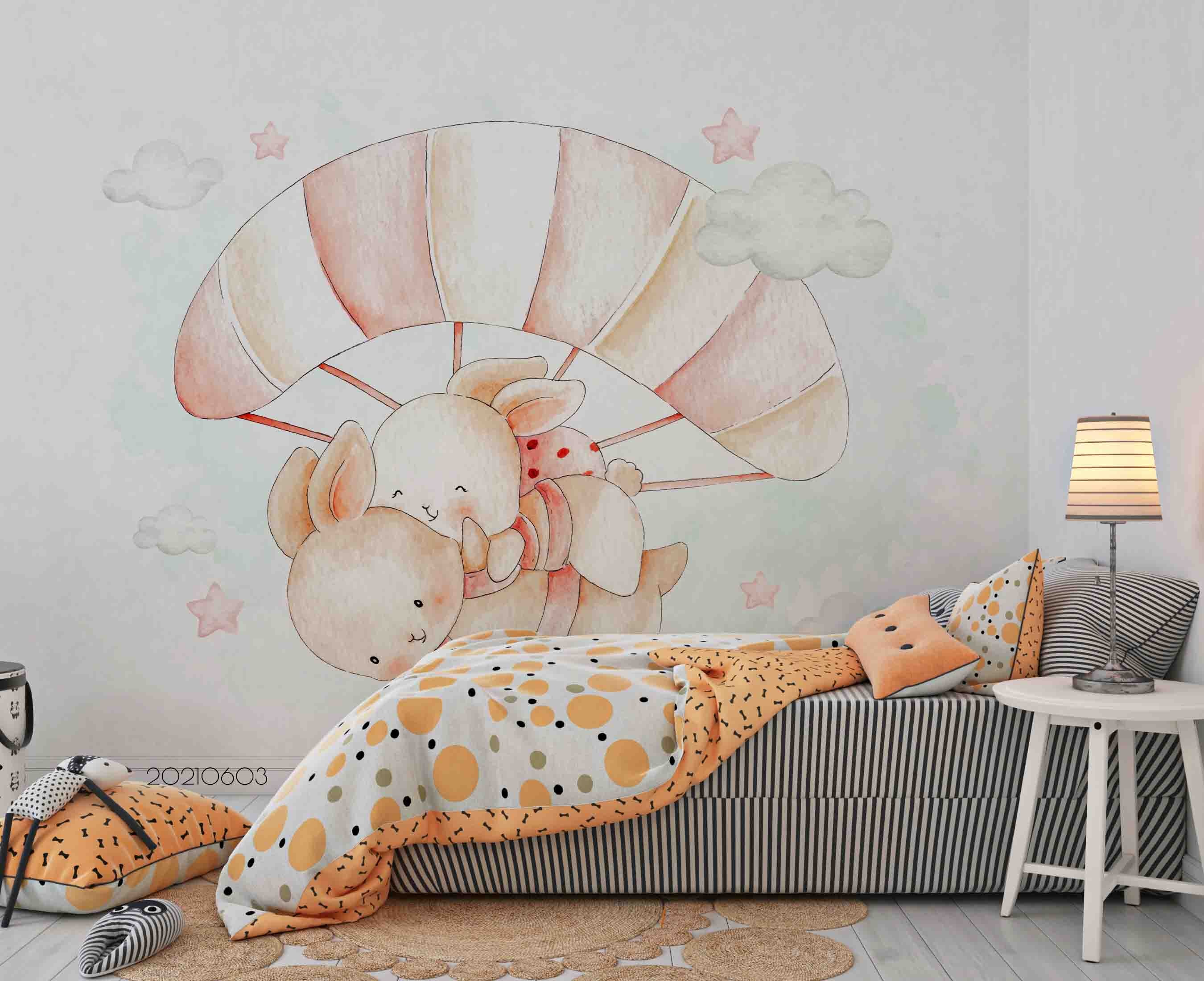 3D Cute Cartoon  Couple Rabbit Watercolor Wall Mural Wallpaper Sww581