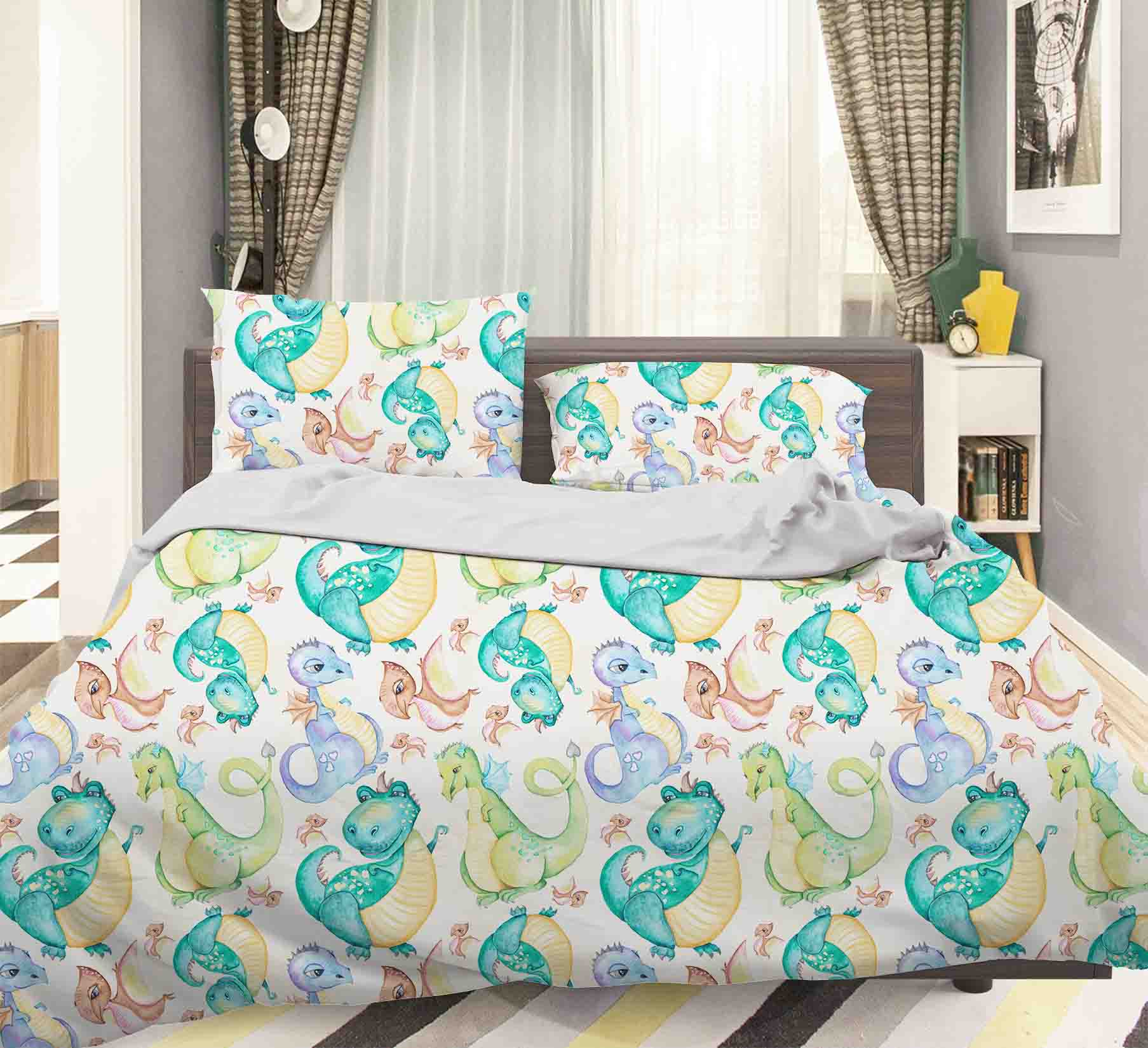 3D Green Cartoon Dinosaur Pattern Quilt Cover Set Bedding Set Pillowcases  35