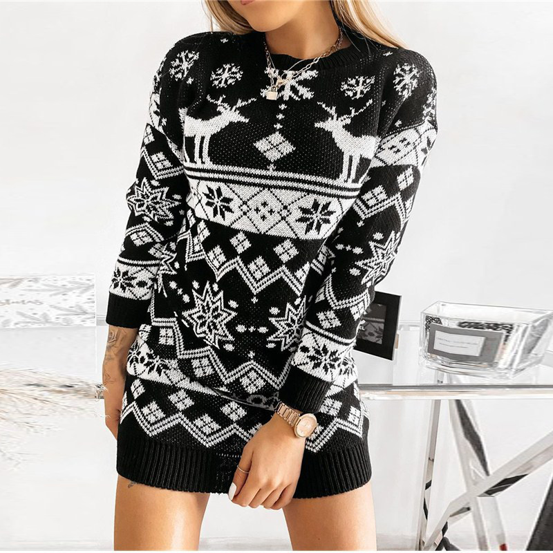 Christmas Sweater Ladies Knitted Dress Autumn Women Temperament Elk Snowflake Round Collar Long Sleeve Sweaters Xmas Wear Y2k alx