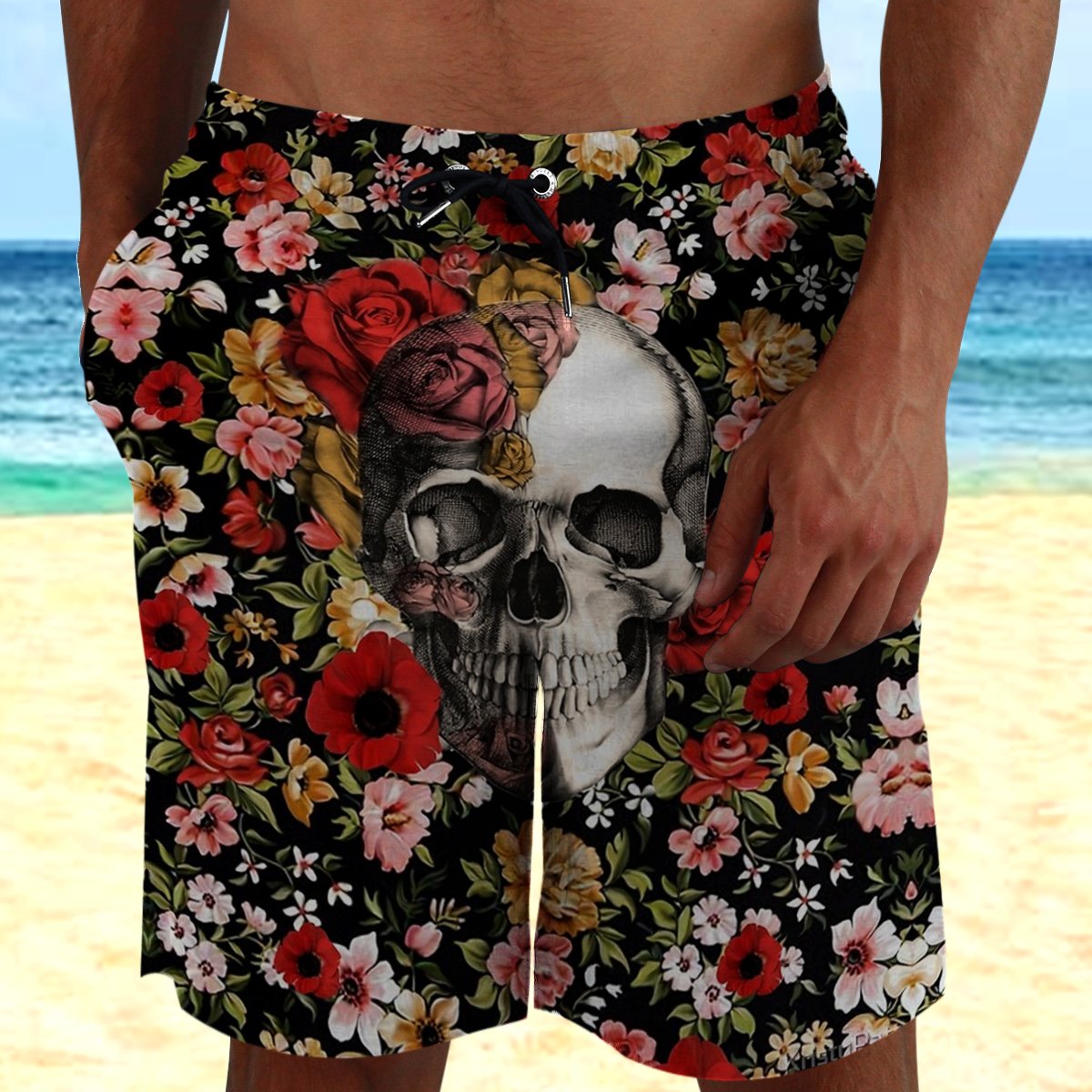 In Bloom Floral Skull Hawaii Beach Shorts Colorful S Ha2208