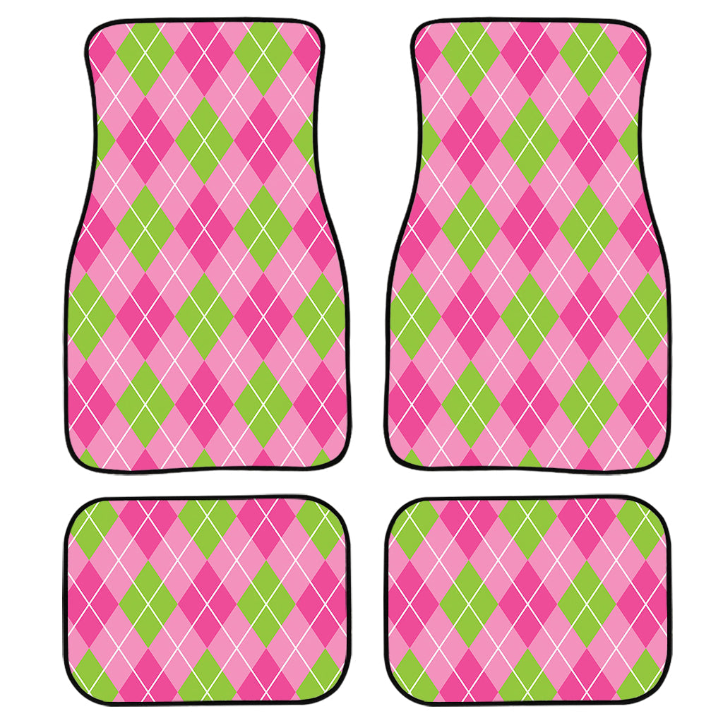 Pink And Green Argyle Pattern Print Front And Back Car Floor Mats, Front Car Mat