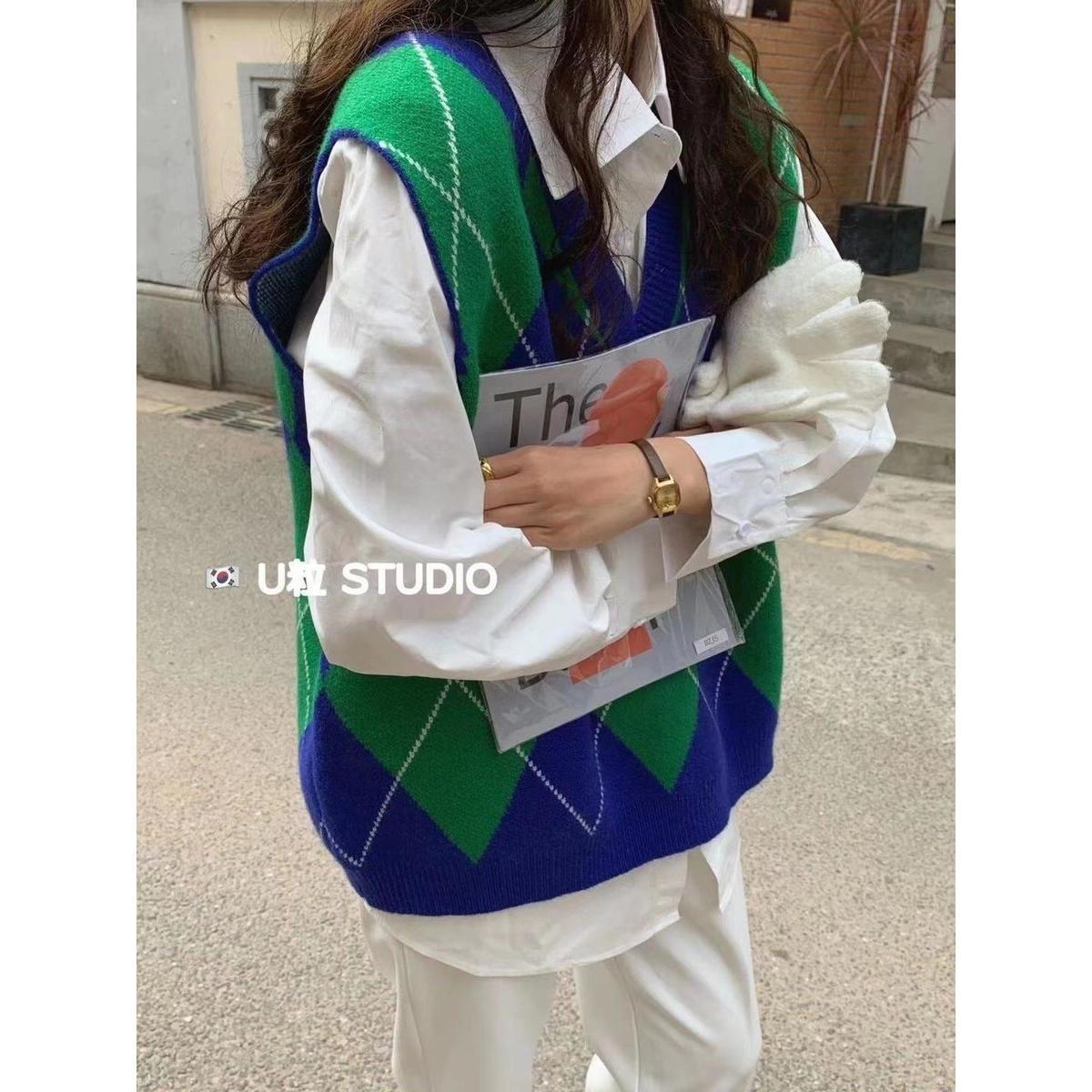 Women Sweater Vest Sweet Students Baggy Argyle Sleeveless Jumpers Womens Preppy Ulzzang Korean Style V-neck Knitwear All-match alx